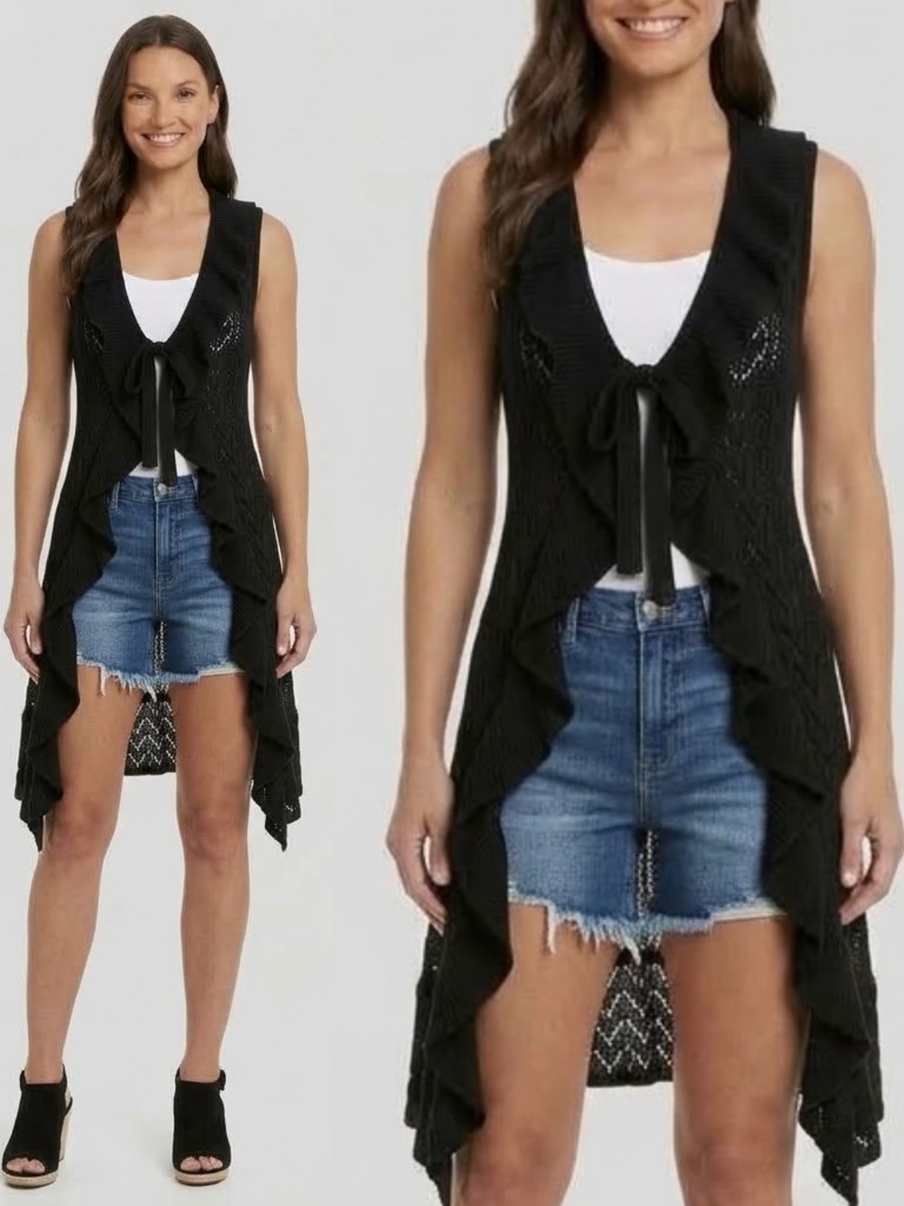 NWT BCBGMaxAzria Black Sleeveless Ruffle-Front Knit Cardigan Long Vest Size S